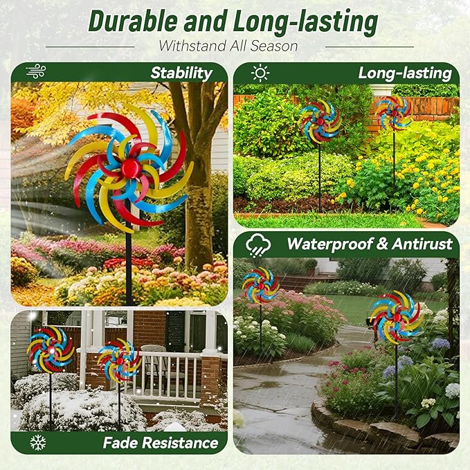 Colorful Kinetic Wind Spinner for Outdoor 13" W Metal Windmill Wind Sculptures with 5 Prong Stake, Easy to Rotate Metal Yard Art for Garden Patio Lawn Backyard Decor