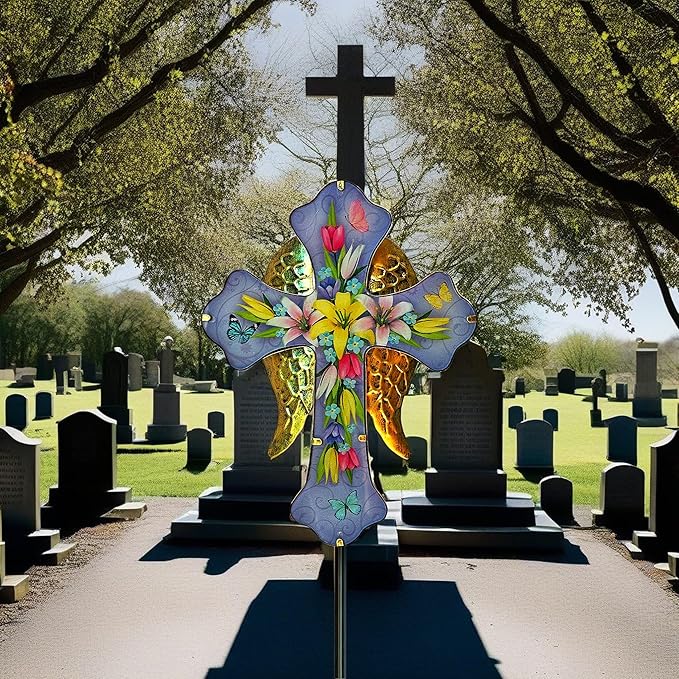 WAIU Solar Cross Garden Stake Lights,Metal Angel Wing & Acrylic Flowers Cross Solar Christmas Lights Outdoor,Waterproof Memorial Garden Decor for Remembrance Gifts & Sympathy Gifts.
