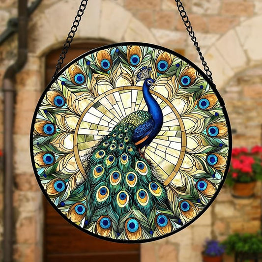 DASTOLL Stained Glass Window Hanging - Retro Peacock Decoration Suncatcher for Door Garden Home Bird Feather Sun Catchers Christmas Mother's Day Birthday Gifts for Women Men Mom Nana Friend 11.8 in
