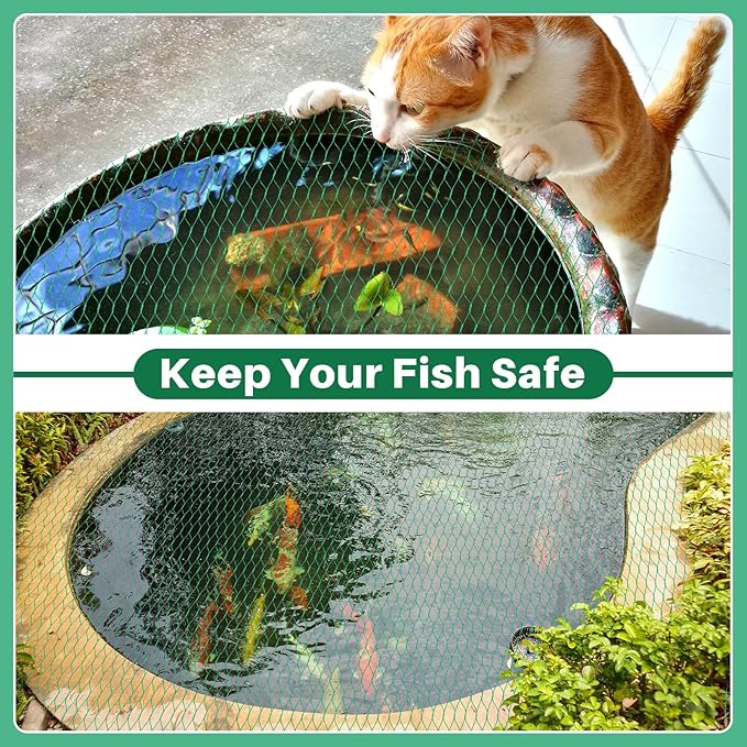 Koi Pond Netting Kit 7 x 10ft, Bird Deer Fence Netting, Durable Net Cover for Leaves, Heavy Duty Fine Mesh, Protect Fish from Birds, Cats & Predators, 12pcs Stakes & Ties Included(Green)