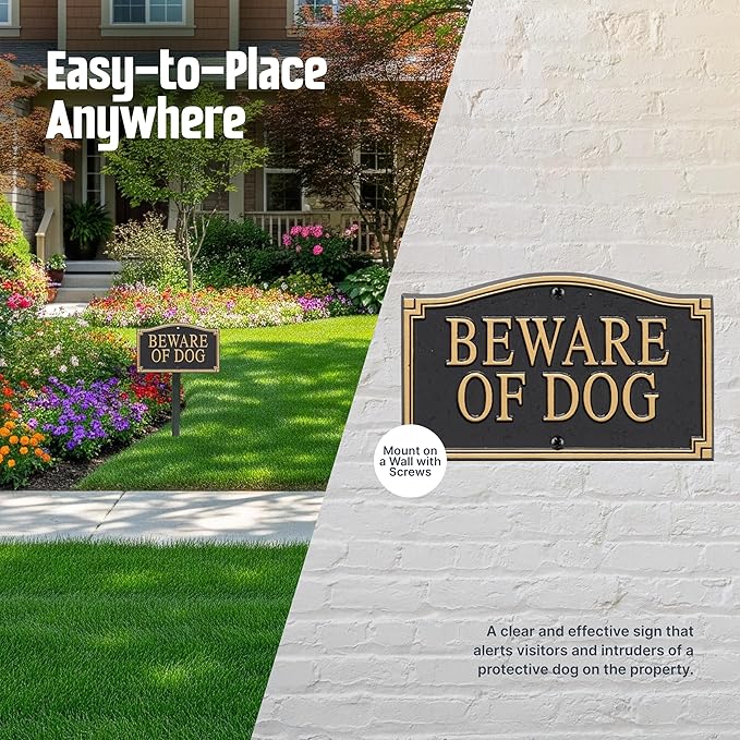 SmartSign Designer Beware of Dog Plaque/Marker/Sign with Stake 18" Tall | 5.75" x 9.5" Aluminum Metal Sign for Yard/Lawn, Gold & Black, Alumi-Shield Coating, Made in USA