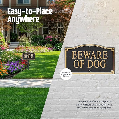 SmartSign Designer Beware of Dog Plaque/Marker/Sign with Stake 18" Tall | 5.75" x 9.5" Aluminum Metal Sign for Yard/Lawn, Gold & Black, Alumi-Shield Coating, Made in USA
