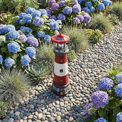Solar Lighthouse Outdoor Statues, 360° Rotating Beacon Garden Lighthouse, 15" Light House for Outside Garden Yard Decor, Waterproof Resin Nautical Figurines for Patio Lawn Landscape Lighting (Red)