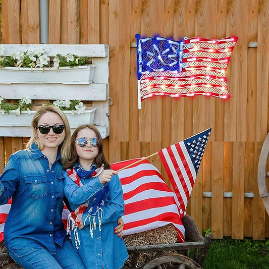 LAMPHOME 14Inch Patriotic Lighted Window Decoration,American Pride USA Flag Lighted Window Hanging - Outdoor Lighted Stars and Stripes Decoration for Home or Office
