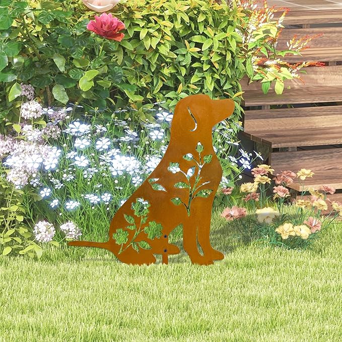 Dog Garden Stake - Unique Gift for Dog Lovers, Black Metal Outdoor Decor, Durable Yard Art Statue (Rusty Labrador)