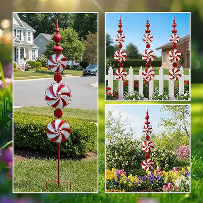 Red Candy Wind Spinner Mother's Day Outdoor Decorations,52 Inch Metal Wind Spinner Outdoor Decoration for Yard Art and Garden Lawn Ornaments，Outdoor Mother's Day Decorations Yard and Lawn Ornaments
