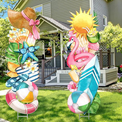 2 Pcs Summer Yard Signs Outdoor Lawn Decoration Summer Beach Ball Ice Cream Waterproof Courtyard Yard Decorations with Stake Garden Lawn Party Courtyard Decoration