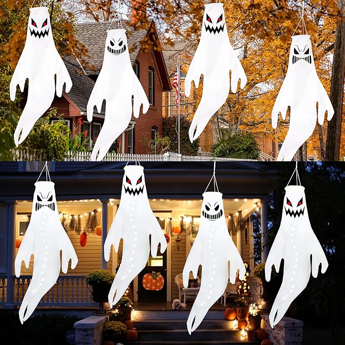 Geefuun 4PCS White Halloween Fierce Ghost Windsocks Hanging Decorations - Flag Wind Socks for Home Yard Outdoor Decor Party Supplies (Batteries Not Included,No Timer)