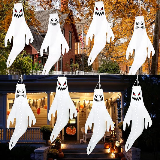 Geefuun 4PCS White Halloween Fierce Ghost Windsocks Hanging Decorations - Flag Wind Socks for Home Yard Outdoor Decor Party Supplies (Batteries Not Included,No Timer)