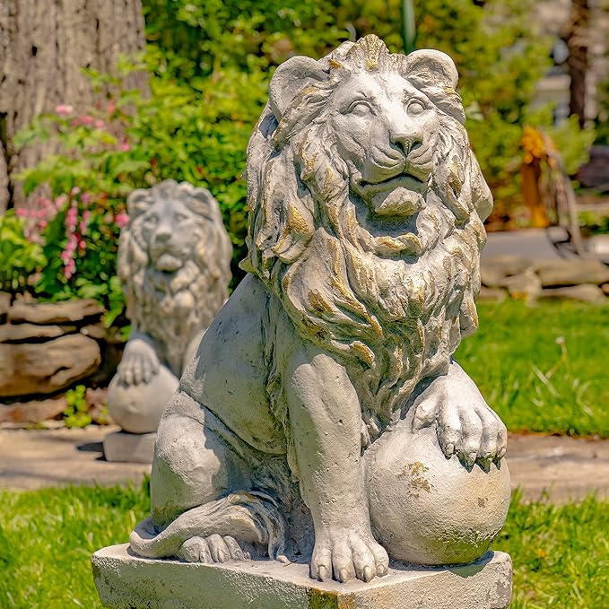 Zaer Ltd. Magnesium Pair of Lion Statues (Outdoor Safe) (27" Tall w/Ball (Set of 2))