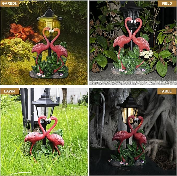 Garden Flamingo Outdoor Statue with Solar Lantern Unique Double Head Flamingo Gifts for Women,Mom,Lover Outdoor Figurine for Yard, Patio, Balcony