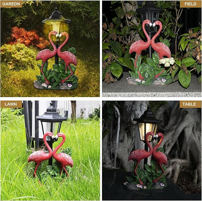 Garden Flamingo Outdoor Statue with Solar Lantern Unique Double Head Flamingo Gifts for Women,Mom,Lover Outdoor Figurine for Yard, Patio, Balcony
