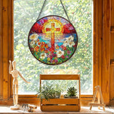 Flower Cross Suncatcher Stained Glass Window Hanging, Christian Wildflower Sunset Landscape Sun Catchers Indoor Window Glass Round Wall Decor, Religious Wall Art Hanging Decorations, ＂7.8x7.8＂