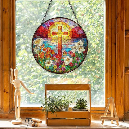 Flower Cross Suncatcher Stained Glass Window Hanging, Christian Wildflower Sunset Landscape Sun Catchers Indoor Window Glass Round Wall Decor, Religious Wall Art Hanging Decorations, ＂7.8x7.8＂