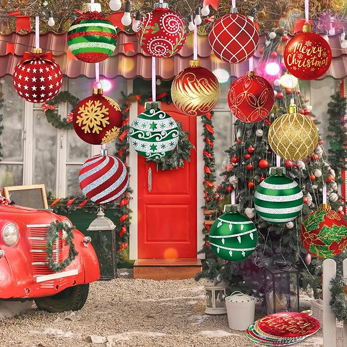 Rtteri 30 Pcs Large Christmas Ball Shape Ornaments for Outdoor 4.9 Inch Double Sided Plastic Christmas Hanging Ornaments Balls for Xmas Tree Indoor Outdoor Porch Yard Supplies