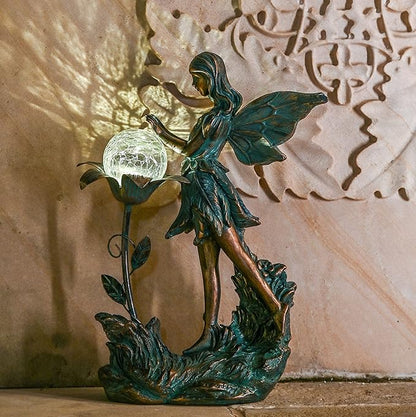 TERESA'S COLLECTIONS Garden Fairy Large Bronze Garden Sculptures & Statues Resin with Solar Outdoor Light, Valentines Decorations Lawn Ornaments for Outdoor Decor, Gifts for Women Mom, 11"