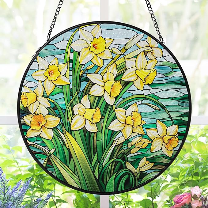 AELS Stained Glass 7.87" Round Suncatcher, Colorful Sun Catcher for Home Garden Window Decor, Window Hanging Ornament Gift for Friends and Family, Yellow Blossom