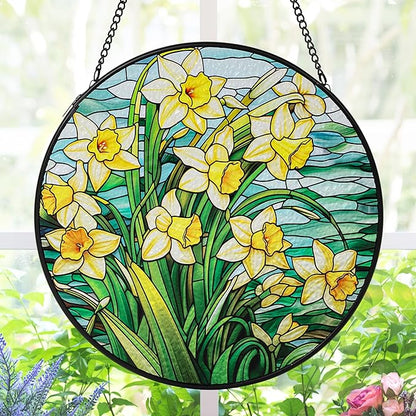 AELS Stained Glass 7.87" Round Suncatcher, Colorful Sun Catcher for Home Garden Window Decor, Window Hanging Ornament Gift for Friends and Family, Yellow Blossom