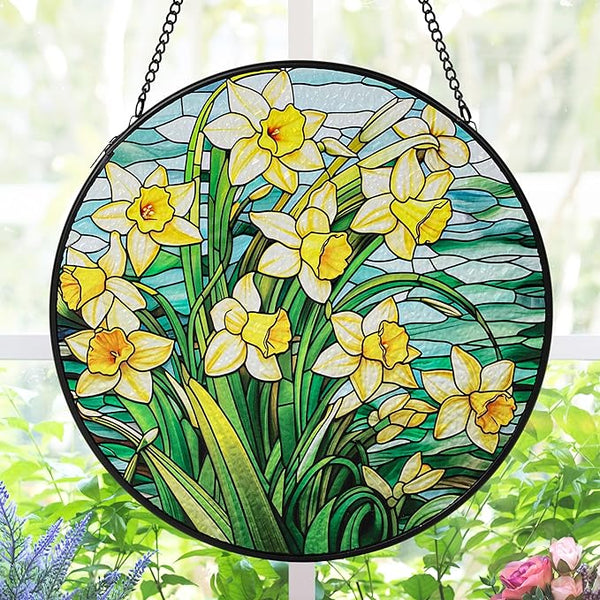 AELS Stained Glass 7.87" Round Suncatcher, Colorful Sun Catcher for Home Garden Window Decor, Window Hanging Ornament Gift for Friends and Family, Yellow Blossom