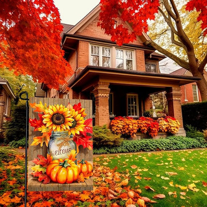 Fall Garden Flags Thanskgiving Sunflower Pumpkin Printing Garden Flag Welcome Autmn Maple Leaves Yard Flag for Outside Mason Jar Pattern Double Side Floral House Flag Decor Standard Size 12×18 Inch