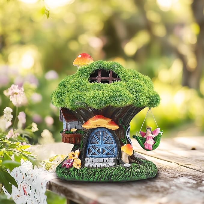 TERESA'S COLLECTIONS Fairy House Outdoor Statues with Solar Light for Garden Decor, Green Moss Resin Outdoor Cottage with Swinging Fairy, Lawn Ornaments Yard Decor Gifts for Mom Women, 5.1"