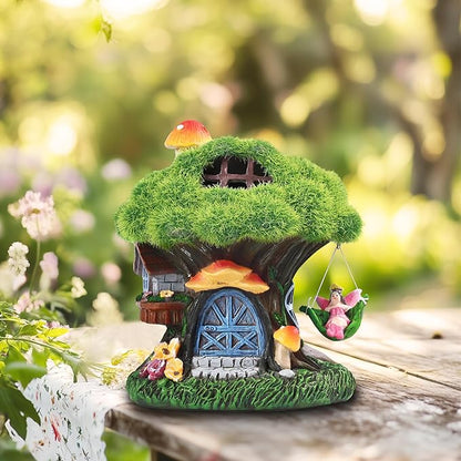 TERESA'S COLLECTIONS Fairy House Outdoor Statues with Solar Light for Garden Decor, Green Moss Resin Outdoor Cottage with Swinging Fairy, Lawn Ornaments Yard Decor Gifts for Mom Women, 5.1"