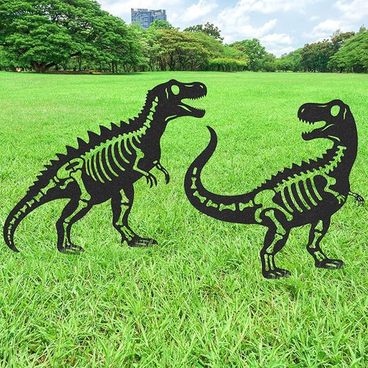 Dinosaur Decor Garden Stakes - 2 Pcs Metal Dinosaurs Statues Waterproof Yard Art Silhouette Decoration for Outside Patio Lawn Pathway Christmas New Year Ornaments Birthday Gifts for Adults