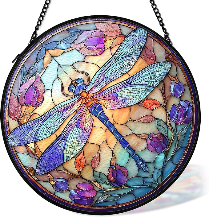 Dragonfly Suncatcher Stained Glass Window Hanging Decor, Dragonfly Insect Flower Stained Glass Wall Decor, Nature Floral Lawn Garden Sun Catchers Indoor Window Hanging Wall Art, 7.9x7.9In