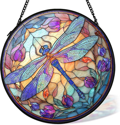 Dragonfly Suncatcher Stained Glass Window Hanging Decor, Dragonfly Insect Flower Stained Glass Wall Decor, Nature Floral Lawn Garden Sun Catchers Indoor Window Hanging Wall Art, 7.9x7.9In