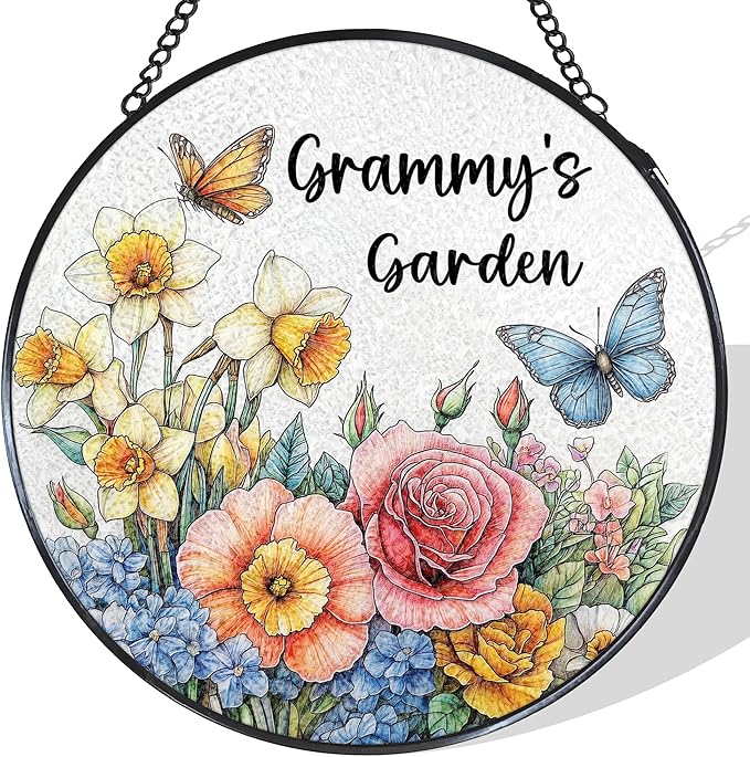 Grammy's Garden Gifts Stained Glass Suncatcher for Grandma from Grandkids, Grammy Grandma Gifts Window Hanging Wall Art Decoration for Mothers Day Christmas Birthday, 7.8 x 7.8 in