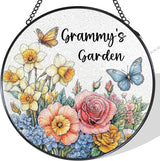 Grammy's Garden Gifts Stained Glass Suncatcher for Grandma from Grandkids, Grammy Grandma Gifts Window Hanging Wall Art Decoration for Mothers Day Christmas Birthday, 7.8 x 7.8 in