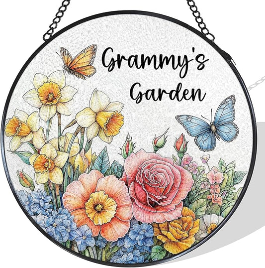 Grammy's Garden Gifts Stained Glass Suncatcher for Grandma from Grandkids, Grammy Grandma Gifts Window Hanging Wall Art Decoration for Mothers Day Christmas Birthday, 7.8 x 7.8 in