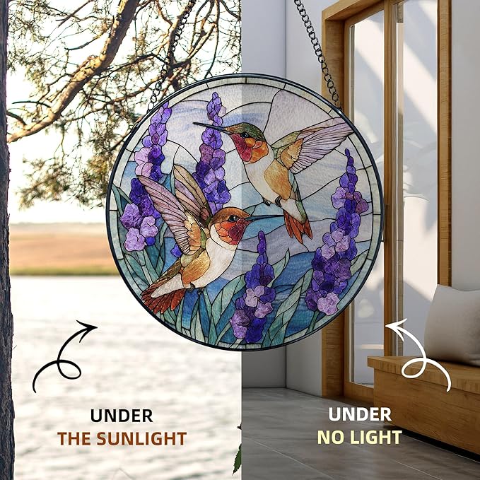 Hummingbird Stained Glass Window Hanging, Hummingbirds Suncatchers Gift for Mom Grandma, Flowers Birds Sun Catchers Indoor Window Round Glass Wall Art Hanging Decorations, 7.9x7.9in