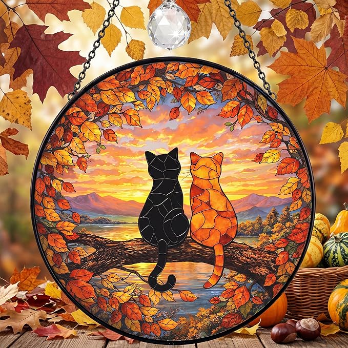Stained Glass Window Hanging Sun Catcher 7.8 Inch, 2 Cats on a Tree Branch Suncatcher for Home Decor, Birthday Gifts for Women, Gifts for Cat Lovers (Cat Silhouette)
