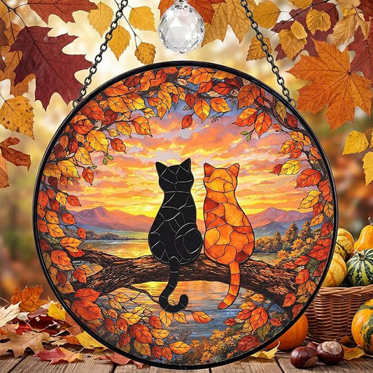 Stained Glass Window Hanging Sun Catcher 7.8 Inch, 2 Cats on a Tree Branch Suncatcher for Home Decor, Birthday Gifts for Women, Gifts for Cat Lovers (Cat Silhouette)