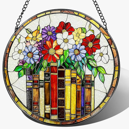 8-Inch Flower Books Stained Glass Ornament, Stained Glass Window Hanging, Window Hanging Decor Suncatcher – Holiday Decor | Gifts for Bookworm, Book Reader, Book Lovers | Holiday Decorators