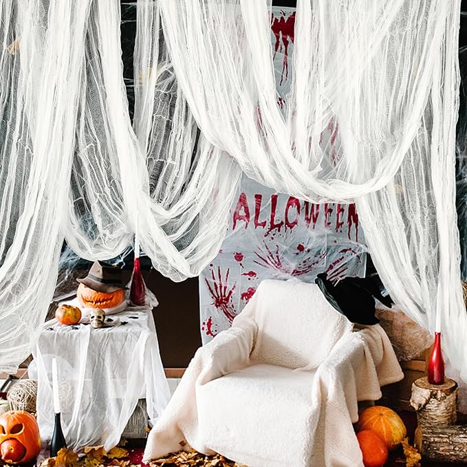 RunNico 500" x 85" Halloween Creepy Cloth - White Halloween Spooky Fabric Cloth - Large Creepy Spooky Halloweens Decorations for Haunted House Window Backdrops Garden Party