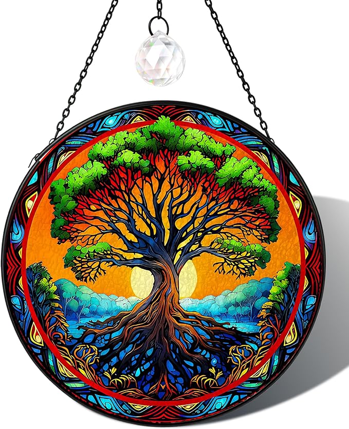 Tree of Life Stained Glass Suncatcher,Heart Shape Tree of Life Window Hanging Decor,Handmade Glass Sun Catcher with Crystal Prism, for Mom Housewarming Birthday Home Decor(7.8 in)