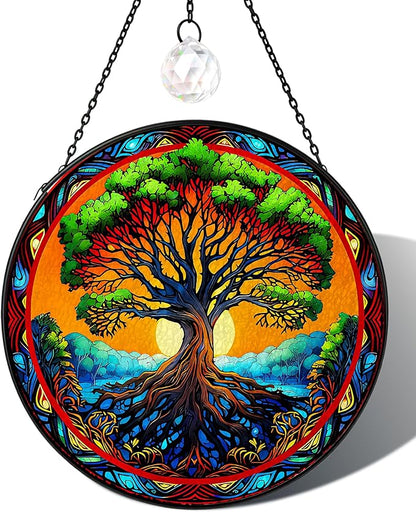 Tree of Life Stained Glass Suncatcher,Heart Shape Tree of Life Window Hanging Decor,Handmade Glass Sun Catcher with Crystal Prism, for Mom Housewarming Birthday Home Decor(7.8 in)