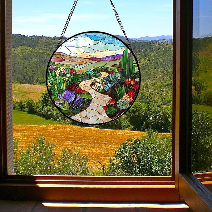 Stained Glass Window Hanging Colorful Wildflowers Mountain Scenery Large 15" - Suncatcher Door Garden Sunroom Sun Catcher Decor Birthday Christmas for Mom Men Woman Nana