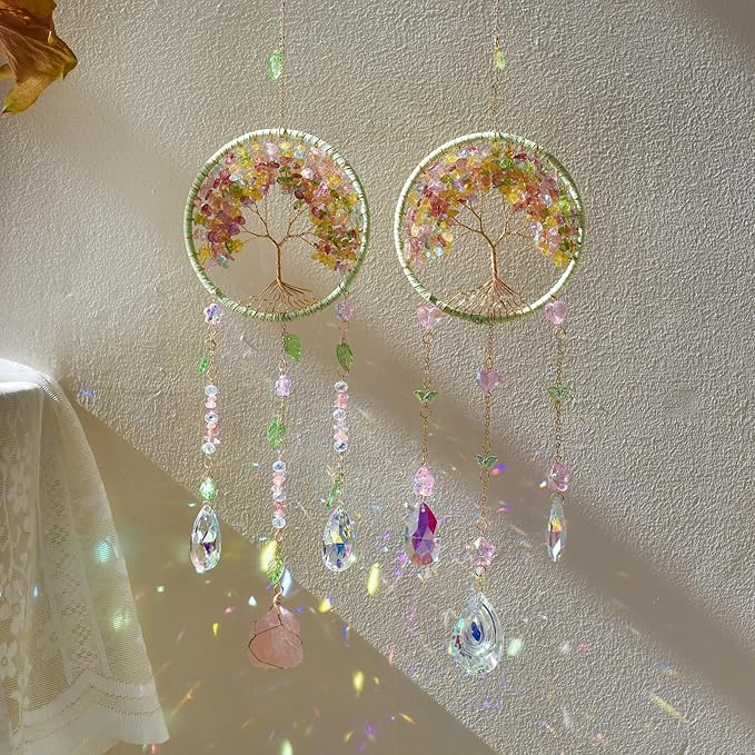 Tree of Life Dream Catchers Crystal Suncatcher with Crystal Prisms & Rose Quartz Crystals Decoration for Window Garden Patio Balcony Bedroom Crystal Gift for Audlts Girls Boys