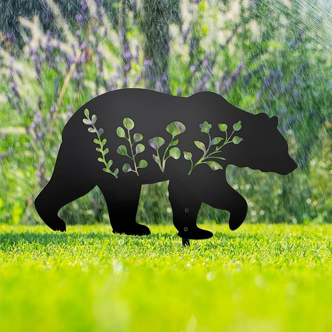 Bear Garden Stake Statue - Flat Black Bear Figurine for Outdoor Lawn & Patio Decor, Composite Ground Stake Decorative Accent
