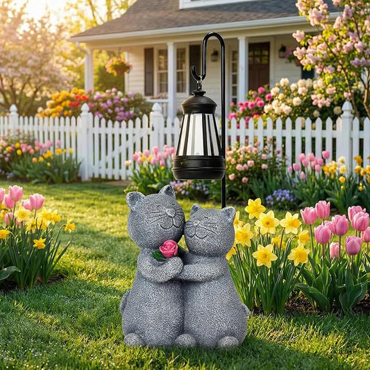 twinbling Outdoor Cat Garden Statues with Solar Lantern, Solar Lantern Cat Figurines Decor for Yard, Lawn, Porch & Patio, Unique Housewarming/Birthday Gifts for Women