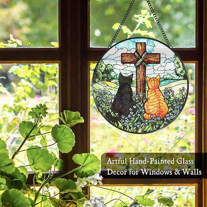 Cat Cross Stained Glass Window Hanging Suncatcher Gifts for Women, Christian Forget Me Not Sun Catcher Indoor Window Decor, Rustic Cats Painted Glass Wall Hanging Decorations 7.8x7.8 in