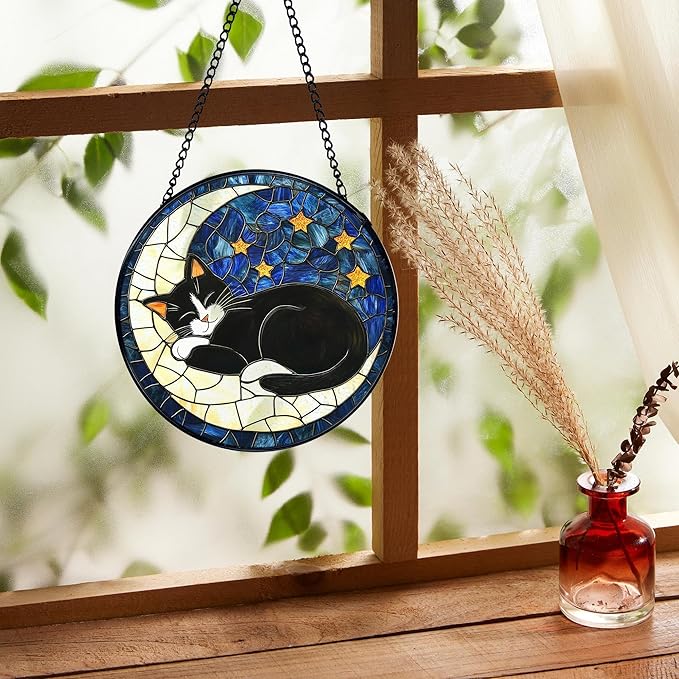 Black Cat Moon Stained Glass Window Hanging, Celestial Black Cat Sun Catchers Indoor Window Round Glass Wall Art Decor, Moon and Stars Suncatcher Wall Hanging Decorations, Lawn Care