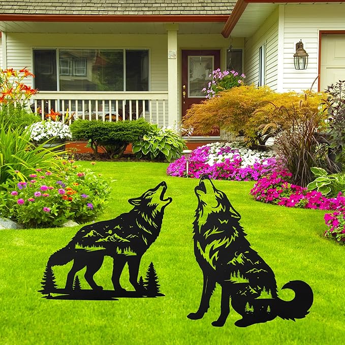 Romart Wolf Silhouette Garden Stakes Decorations - 2 Pcs Metal Howling Animals Statues, Black Rustic Animal Sculpture Set, Yard Art for Outdoor Garden & Patio Lawn