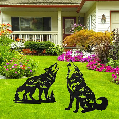 Romart Wolf Silhouette Garden Stakes Decorations - 2 Pcs Metal Howling Animals Statues, Black Rustic Animal Sculpture Set, Yard Art for Outdoor Garden & Patio Lawn