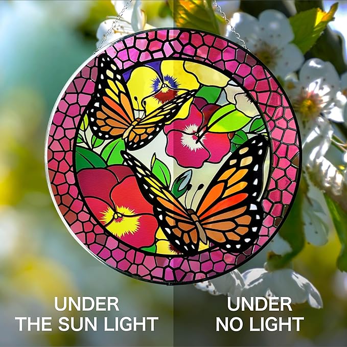 Hanway Suncatcher in Colorful Stained Glass 12" Dia - Genuine Brightly Colored Glass, Protective Metal Edge, Ready to Use Hanging Chain, for Window, Garden (Butterfly 2)