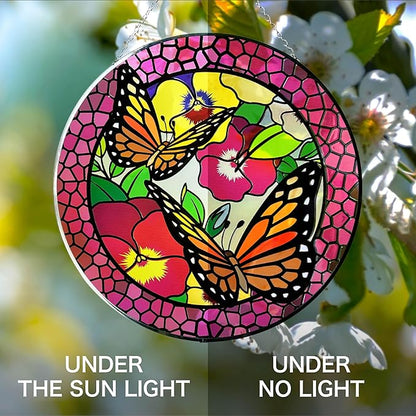 Hanway Suncatcher in Colorful Stained Glass 12" Dia - Genuine Brightly Colored Glass, Protective Metal Edge, Ready to Use Hanging Chain, for Window, Garden (Butterfly 2)