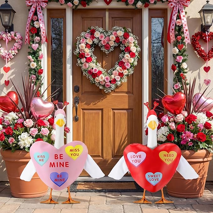 Abbylike 2 Sets Valentine's Day Porch Goose Outfits Conversation Heart Porch Yard Goose Outfits Clothes Costume Fits Large 23'' Cement for Garden Yard Statue Pathway Decorations